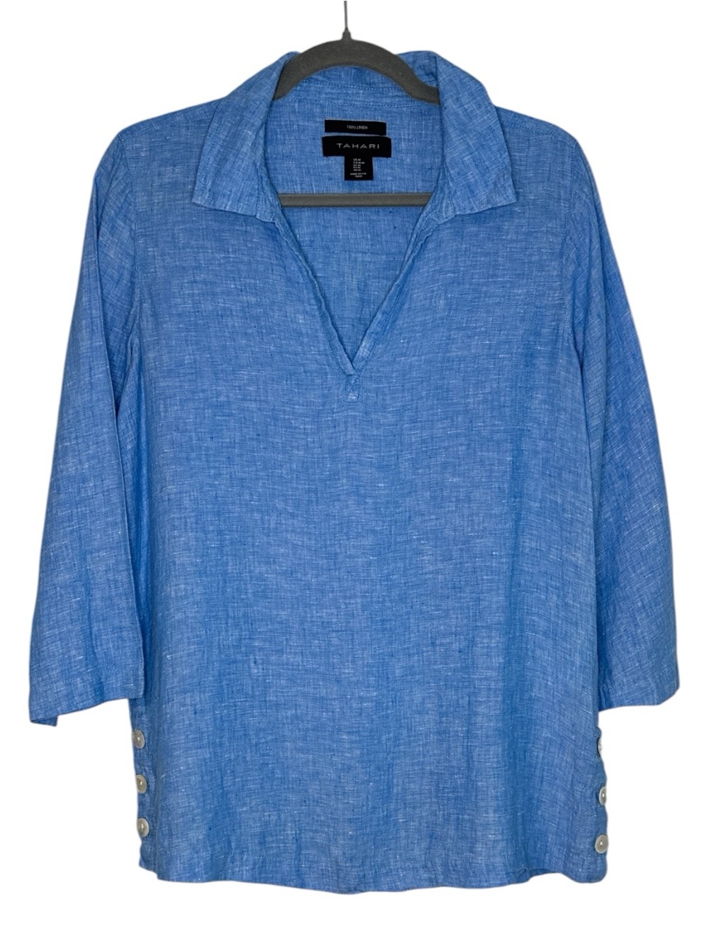 Tahari 100% Linen V-Neck Collared 3/4 Sleeve Tunic
